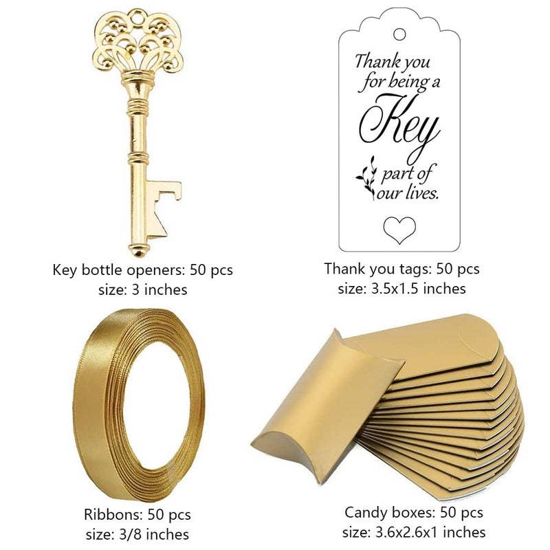 Evanto 50 Sets Vintage Key Bottle Openers, Wedding Favor Souvenir Gift for Guests with Escort Card Thank You Tag Pillow Box and Satin Ribbon (Gold) - Image 4