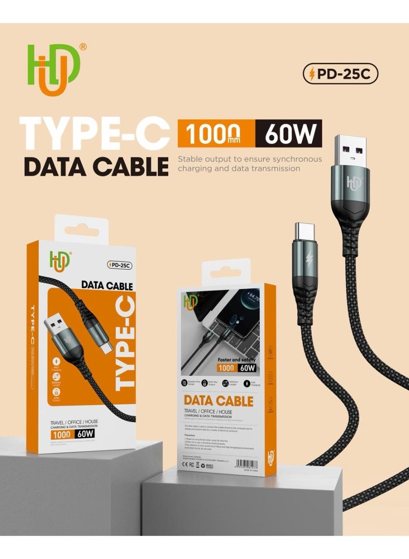 USB to Type-C PD-25C Fast Charging Data Cable 60W, 1000mm Nylon Braided Durable Cable for iPhone, Samsung, Android & Type-C Devices - High-Speed Charging & Data Transfer