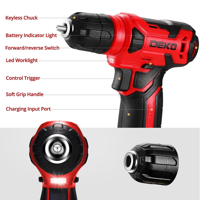 Dekopro 8V Cordless Drill  Drill Set With 3/8""Keyless Chuck  42Pcs Acessories  Built-In Led  Type-C Charge Cable  Red Power Drill For Drilling And Tightening/Loosening Screws - Image 2