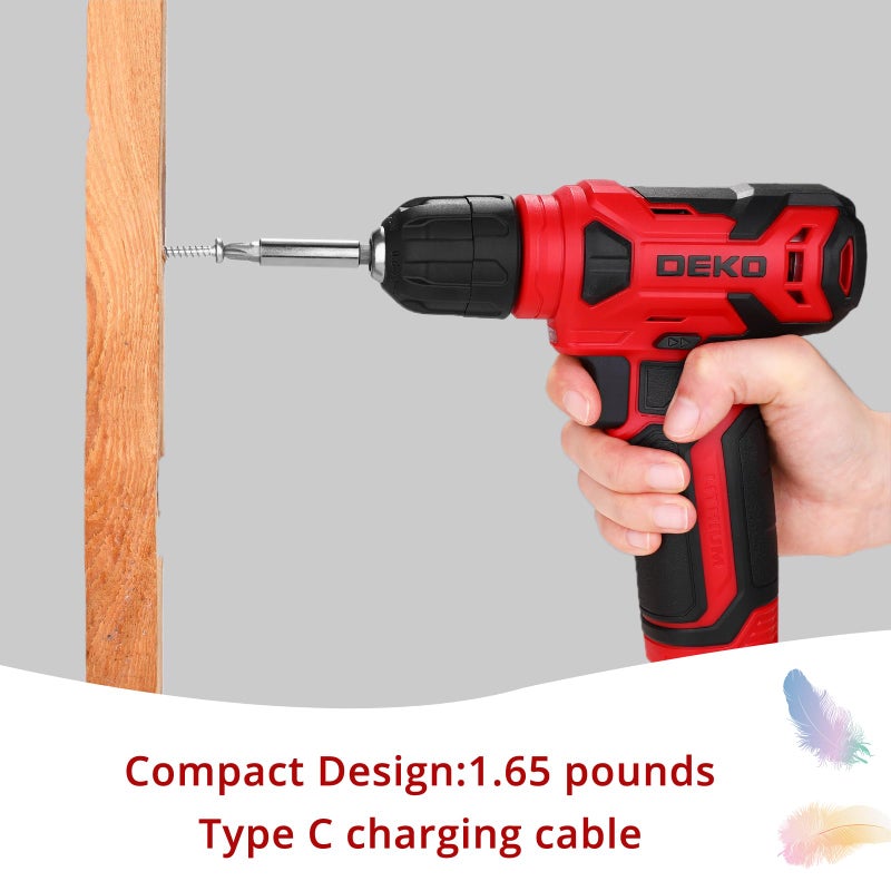 Dekopro 8V Cordless Drill  Drill Set With 3/8""Keyless Chuck  42Pcs Acessories  Built-In Led  Type-C Charge Cable  Red Power Drill For Drilling And Tightening/Loosening Screws - Image 4