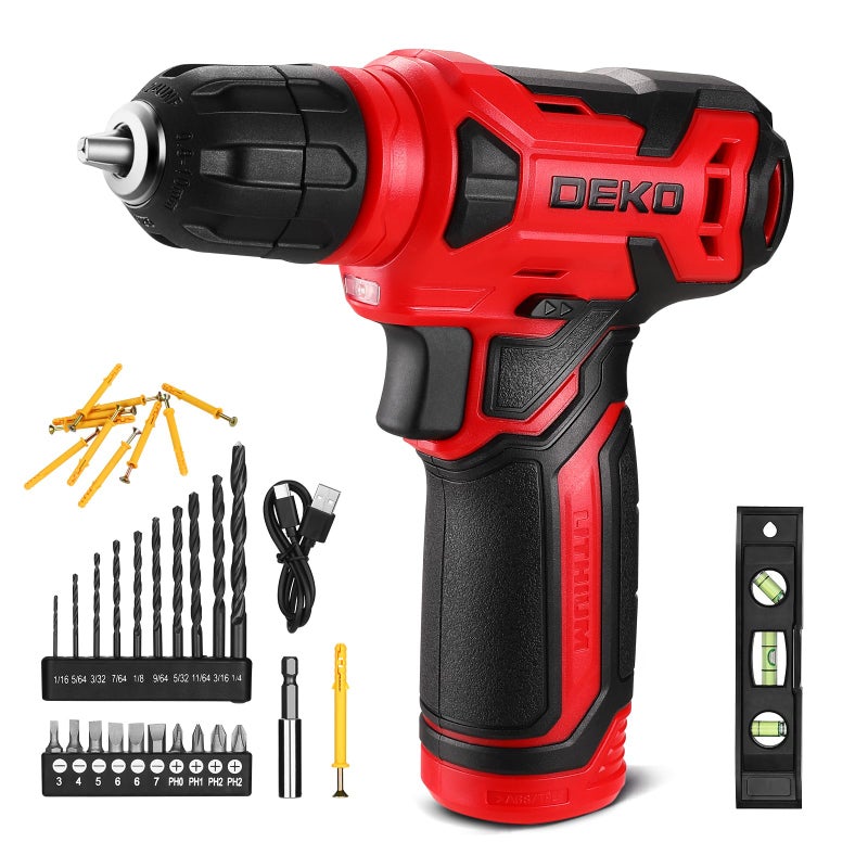 Dekopro 8V Cordless Drill  Drill Set With 3/8""Keyless Chuck  42Pcs Acessories  Built-In Led  Type-C Charge Cable  Red Power Drill For Drilling And Tightening/Loosening Screws - Image 1