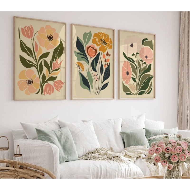 Tanmart Boho Flower Wall Art Decor Abstract Floral Canvas Wall Art Pictuers Botanical Wall Art Minimalist Plant Prints Boho Floral Poster Vintage Artwork for Living Room Bedroom 16x24 Inch Unframed Set of 3 - Image 4