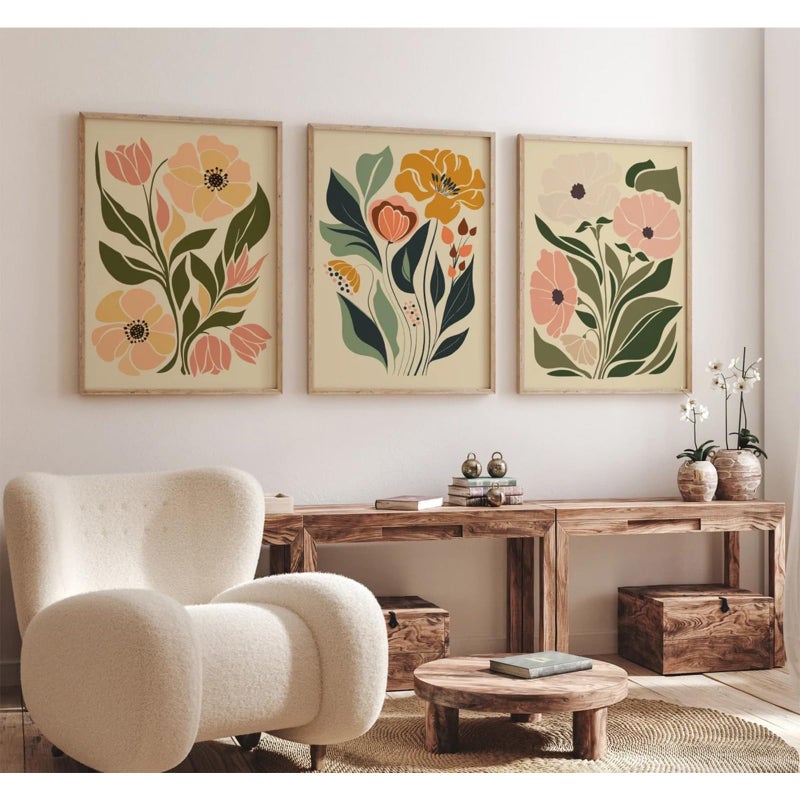 Tanmart Boho Flower Wall Art Decor Abstract Floral Canvas Wall Art Pictuers Botanical Wall Art Minimalist Plant Prints Boho Floral Poster Vintage Artwork for Living Room Bedroom 16x24 Inch Unframed Set of 3 - Image 3