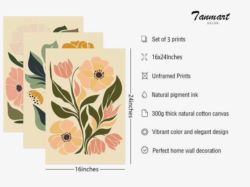 Tanmart Boho Flower Wall Art Decor Abstract Floral Canvas Wall Art Pictuers Botanical Wall Art Minimalist Plant Prints Boho Floral Poster Vintage Artwork for Living Room Bedroom 16x24 Inch Unframed Set of 3 - Image 2