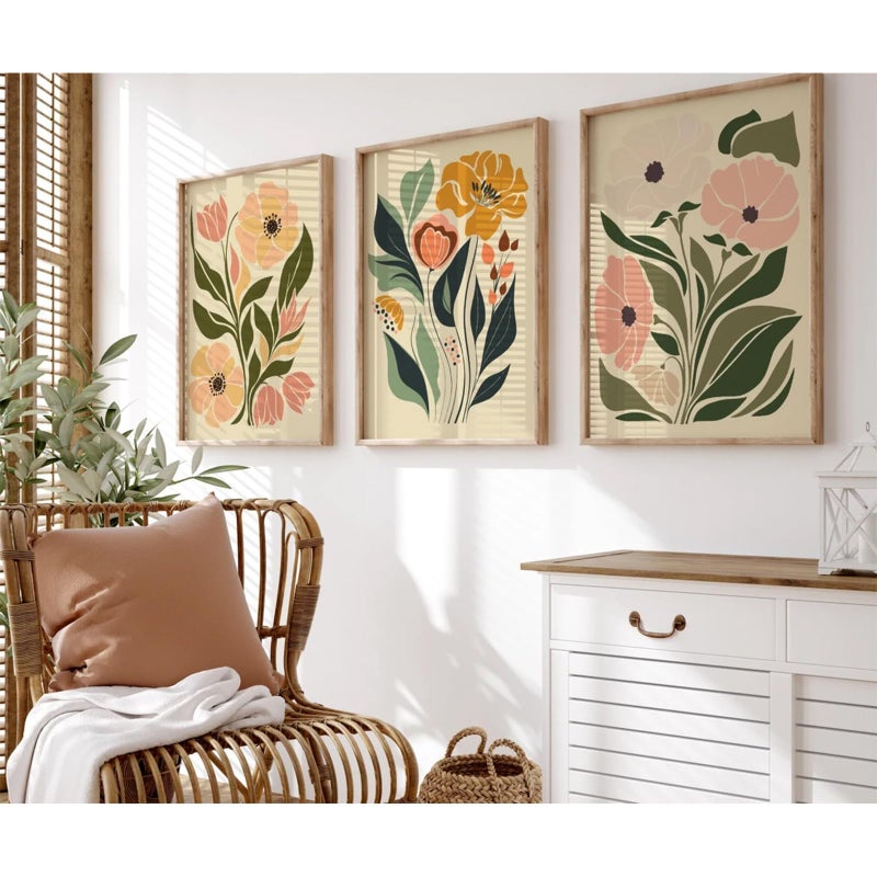 Tanmart Boho Flower Wall Art Decor Abstract Floral Canvas Wall Art Pictuers Botanical Wall Art Minimalist Plant Prints Boho Floral Poster Vintage Artwork for Living Room Bedroom 16x24 Inch Unframed Set of 3 - Image 1