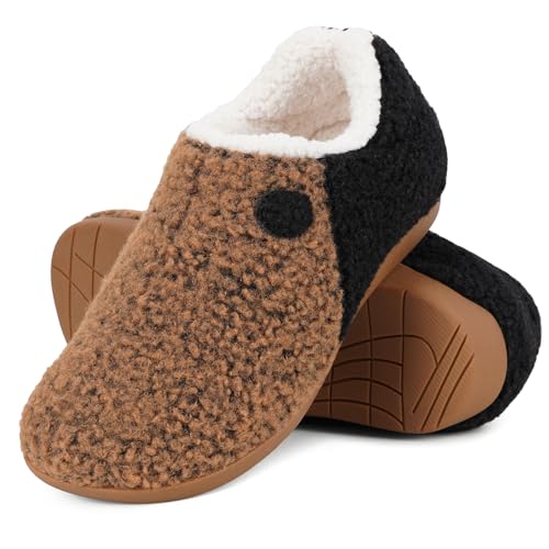 ERGOfoot Orthopedic Slippers with Arch Support for Women and Men – Fuzzy House Shoes for Plantar Fasciitis Relief, Closed Back, Soft Plush Sherpa Fleece Lining Moccasin/Brown W11/M10 - Image 1