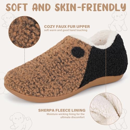 ERGOfoot Orthopedic Slippers with Arch Support for Women and Men – Fuzzy House Shoes for Plantar Fasciitis Relief, Closed Back, Soft Plush Sherpa Fleece Lining Moccasin/Brown W11/M10 - Image 3