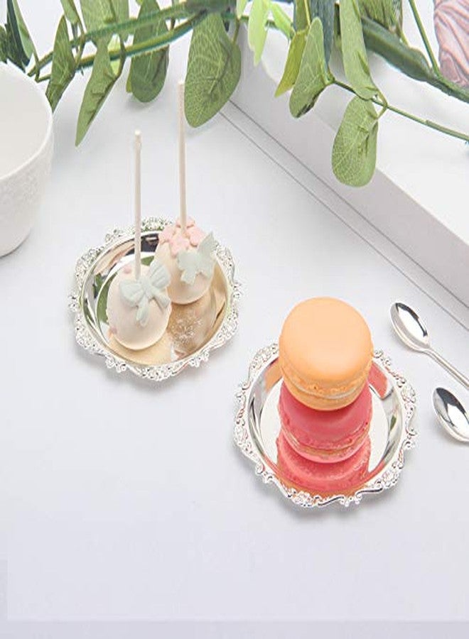 QTKJ Round Galvanized Metal Pattern Plates, Set of 7 Pieces Mini Cake Plates Metal Wedding Birthday Party Dish Cupcake plates(Silver) - Image 5