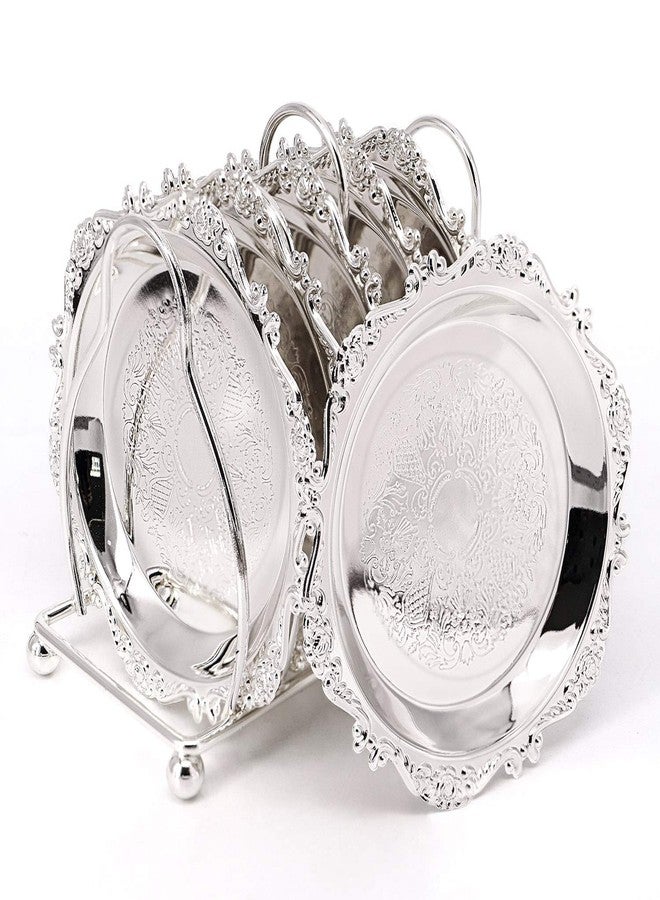 QTKJ Round Galvanized Metal Pattern Plates, Set of 7 Pieces Mini Cake Plates Metal Wedding Birthday Party Dish Cupcake plates(Silver) - Image 1