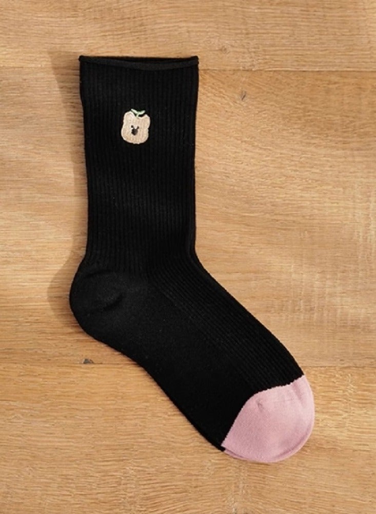 جوارب مطرزة أنثى لطيف بدون عظام جوارب القطن 5 أزواج أسود