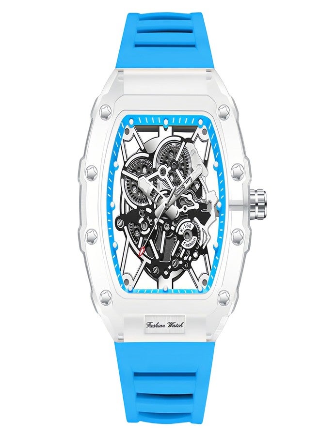 Gosasa Fashion Hollowed Men Watches Tonneau Transparent Analog Display Silicone Strap Calendar Quartz Waterproof Trend Male Wrist Watch, M-Blue, fashion - Image 1