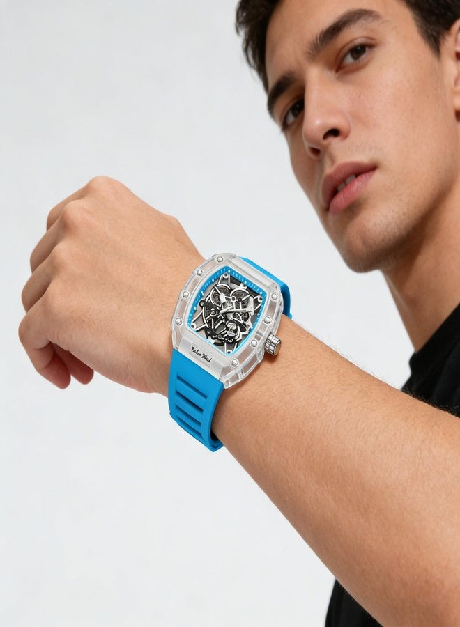 Gosasa Fashion Hollowed Men Watches Tonneau Transparent Analog Display Silicone Strap Calendar Quartz Waterproof Trend Male Wrist Watch, M-Blue, fashion - Image 2