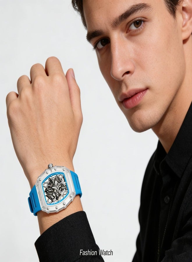 Gosasa Fashion Hollowed Men Watches Tonneau Transparent Analog Display Silicone Strap Calendar Quartz Waterproof Trend Male Wrist Watch, M-Blue, fashion - Image 3