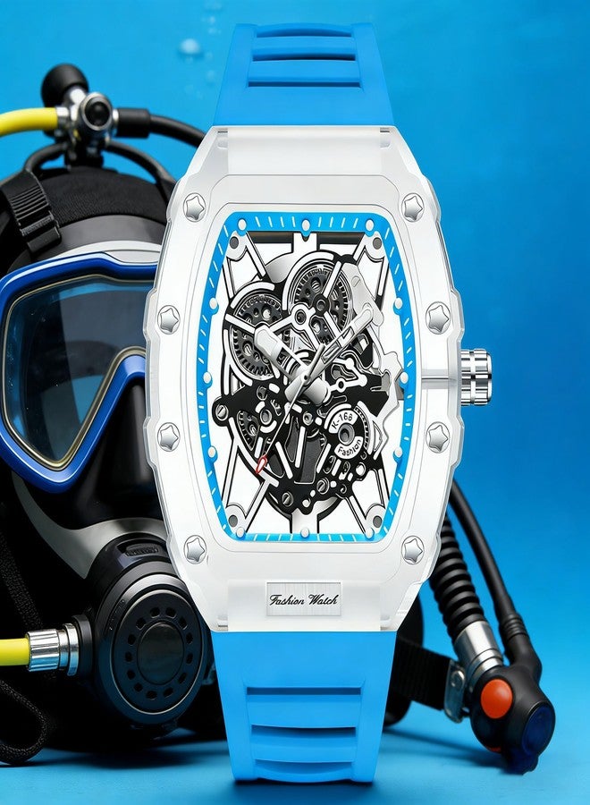 Gosasa Fashion Hollowed Men Watches Tonneau Transparent Analog Display Silicone Strap Calendar Quartz Waterproof Trend Male Wrist Watch, M-Blue, fashion - Image 5