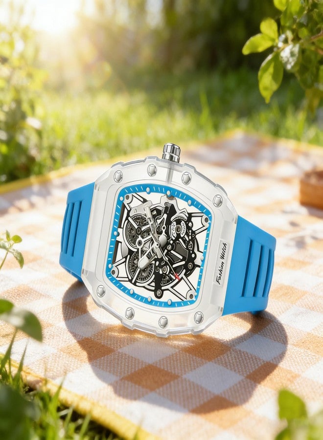 Gosasa Fashion Hollowed Men Watches Tonneau Transparent Analog Display Silicone Strap Calendar Quartz Waterproof Trend Male Wrist Watch, M-Blue, fashion - Image 4