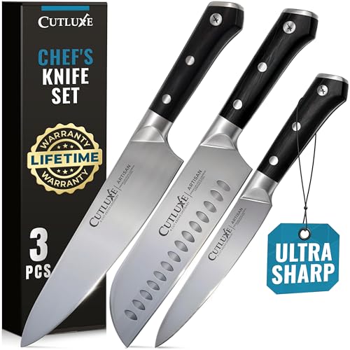 Cutluxe طقم سكاكين شيف كاتلوكس، 3 قطع - طقم سكاكين شيف احترافي - فولاذ ألماني حاد للغاية، تصميم كامل، مقابض مريحة - سلسلة الحرفيين - Image 1