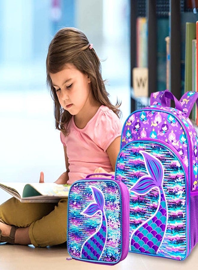 GXTVO 3PCS Mermaid Backpack for Girls, 16" Sequin Prechool Elementary Bookbag and Lunch Box - Image 2