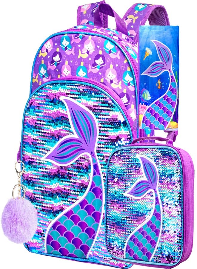 GXTVO 3PCS Mermaid Backpack for Girls, 16" Sequin Prechool Elementary Bookbag and Lunch Box - Image 1