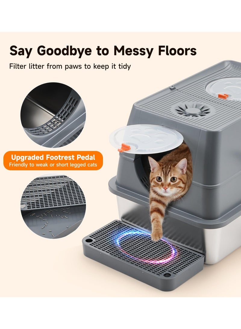 Large Stainless Steel Cat Litter Box with Lid, Top-Entry Detachable Litter Tray for Easy Cleaning & Odor Control, Includes Filter, Scoop & Mat - Image 5