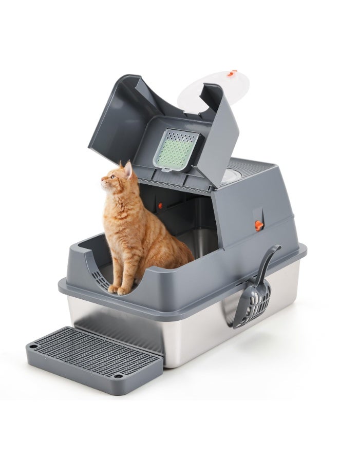 Large Stainless Steel Cat Litter Box with Lid, Top-Entry Detachable Litter Tray for Easy Cleaning & Odor Control, Includes Filter, Scoop & Mat - Image 1