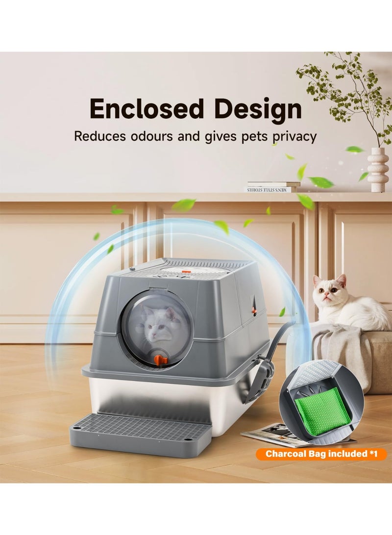 Large Stainless Steel Cat Litter Box with Lid, Top-Entry Detachable Litter Tray for Easy Cleaning & Odor Control, Includes Filter, Scoop & Mat - Image 3