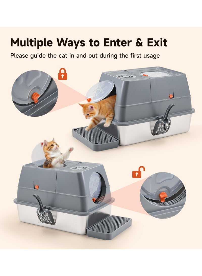 Large Stainless Steel Cat Litter Box with Lid, Top-Entry Detachable Litter Tray for Easy Cleaning & Odor Control, Includes Filter, Scoop & Mat - Image 4