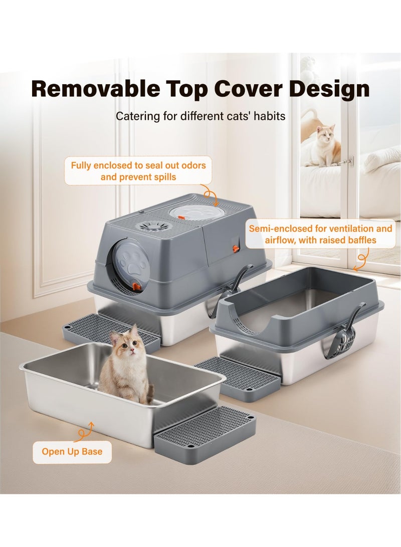 Large Stainless Steel Cat Litter Box with Lid, Top-Entry Detachable Litter Tray for Easy Cleaning & Odor Control, Includes Filter, Scoop & Mat - Image 2