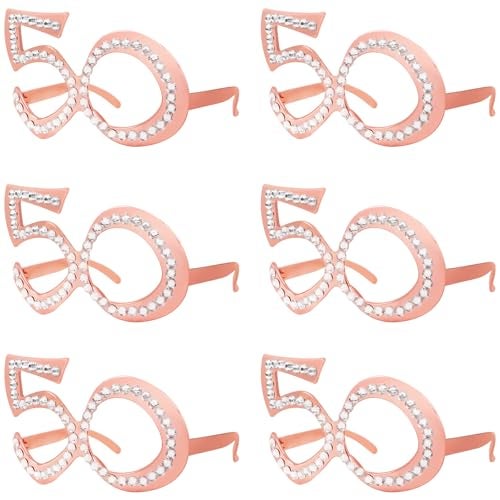 Pagather 50th Birthday Glasses 6 Pairs Rose Gold 50 Years Old Glasses with Rhinestones Funny Plastic Costume Photo Booth Prop - Image 1