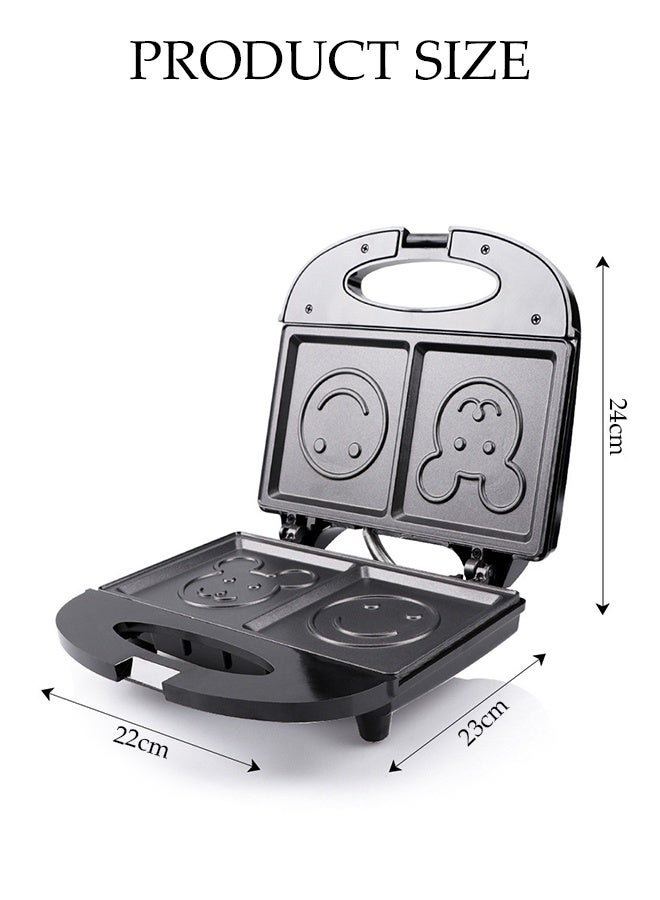 DUNISO Sandwich Maker，2 Slice Grill Maker，Personal Breakfast Bread Toaster， Non Stick，for Making Sandwiches, Bread Toast，Smiling Face Pattern，Black - Image 2