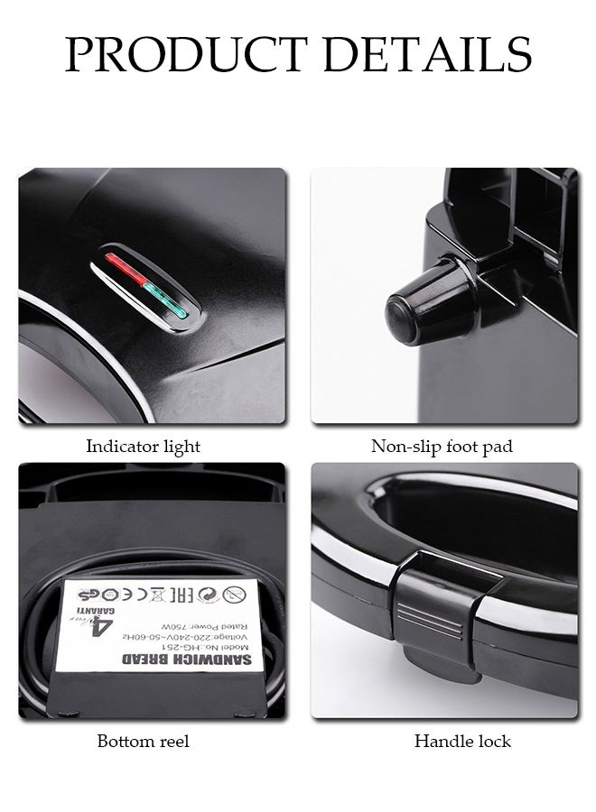 DUNISO Sandwich Maker，2 Slice Grill Maker，Personal Breakfast Bread Toaster， Non Stick，for Making Sandwiches, Bread Toast，Smiling Face Pattern，Black - Image 3