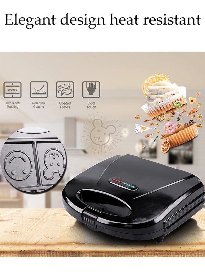 DUNISO Sandwich Maker，2 Slice Grill Maker，Personal Breakfast Bread Toaster， Non Stick，for Making Sandwiches, Bread Toast，Smiling Face Pattern，Black - Image 5