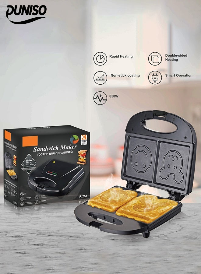 DUNISO Sandwich Maker，2 Slice Grill Maker，Personal Breakfast Bread Toaster， Non Stick，for Making Sandwiches, Bread Toast，Smiling Face Pattern，Black - Image 1
