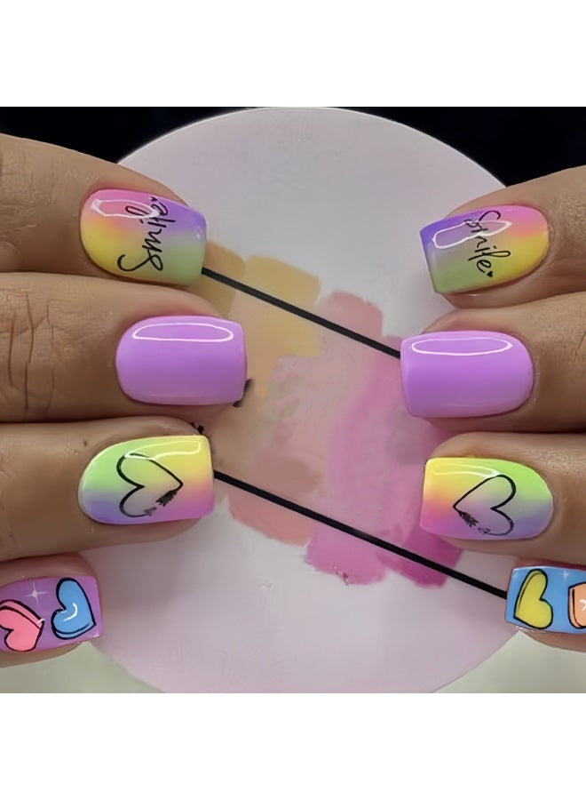 Press On Nails, 24 Gel Nails Kit, Short Square Nail Tips | Purple French Macaroon Ombre Nails | Rainbow Dopamine Nail Art Press-On Nails - Image 1