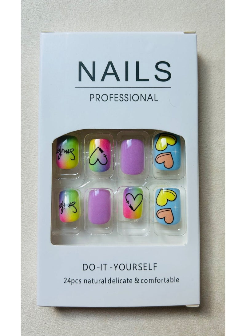 Press On Nails, 24 Gel Nails Kit, Short Square Nail Tips | Purple French Macaroon Ombre Nails | Rainbow Dopamine Nail Art Press-On Nails - Image 2