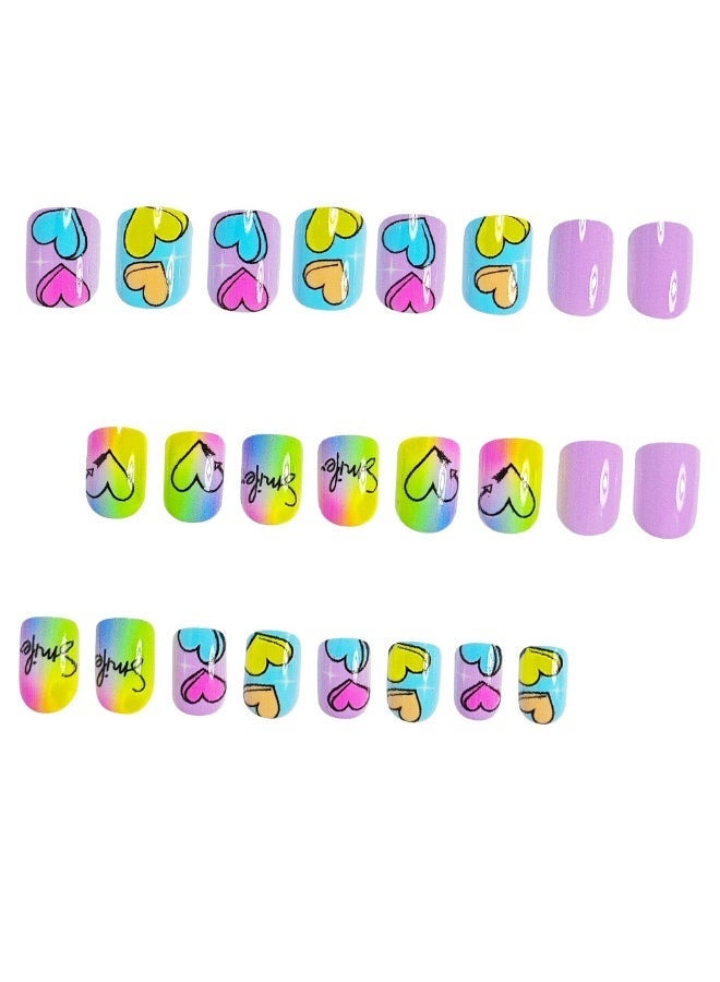Press On Nails, 24 Gel Nails Kit, Short Square Nail Tips | Purple French Macaroon Ombre Nails | Rainbow Dopamine Nail Art Press-On Nails - Image 3
