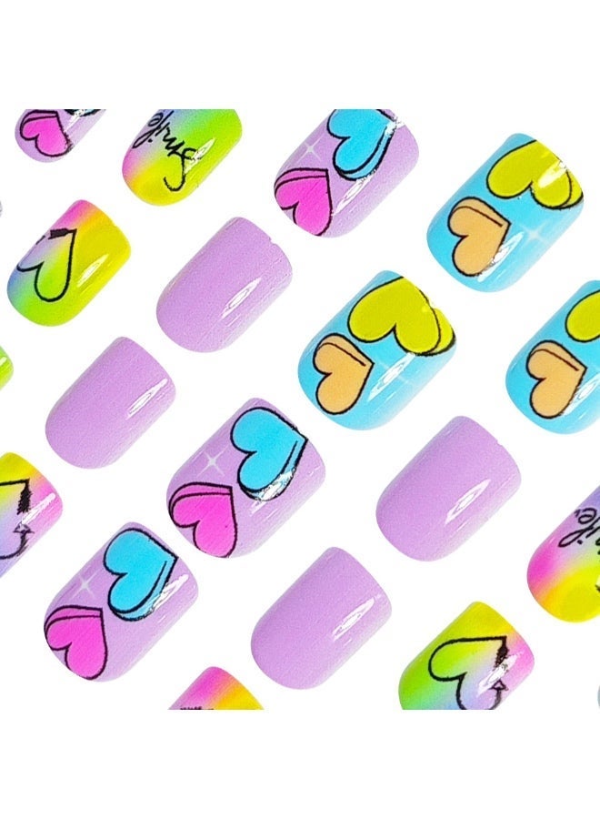 Press On Nails, 24 Gel Nails Kit, Short Square Nail Tips | Purple French Macaroon Ombre Nails | Rainbow Dopamine Nail Art Press-On Nails - Image 5
