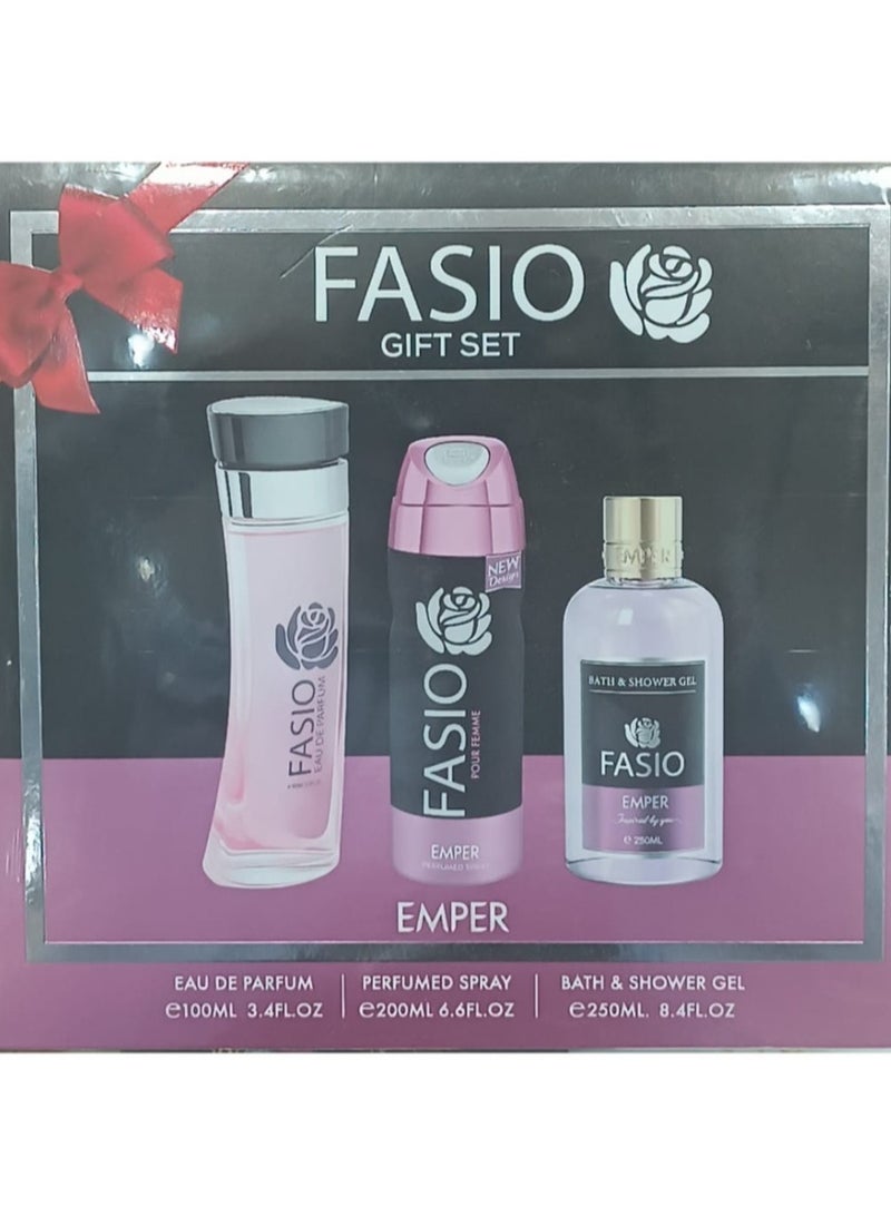 Fasio Eau de Toilette gift set consisting of 100 ml perfume, 200 ml body spray and 250 ml shower gel.