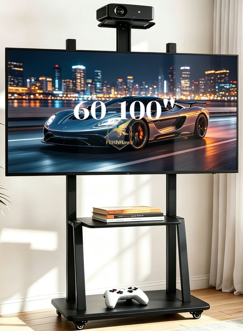 FlashHawk Mobile TV Cart for 60-100 inch LCD LED 4K Flat Curved TVs, 60 65 70 75 80 85 90 95 100inch, Heavy Duty Rolling TV Stand with Wheels, Max VESA 600x400 mm up to 220 lbs, Movable Floor Mount Stand with Shelf - Image 1