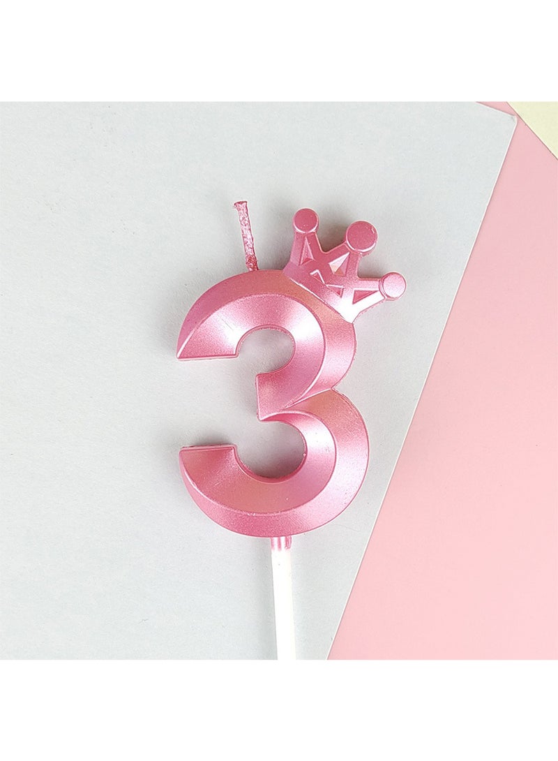 l&wen Crown Birthday Candles, Metallic Number Candles with Holders, Glitter Party Candles for Birthday, Wedding, Anniversary, Party Decorations (Number 3, Pink) - Image 1