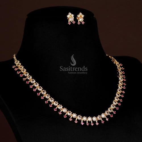 Sasitrends American Diamond Micro Gold Plated White Ruby Necklace Set with Layered Drop Design - Image 3
