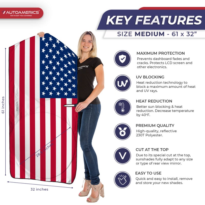 Autoamerics 1-Piece Windshield Sun Shade Original American Flag USA Patriotic Design - Foldable Car Front Window Sunshade for Sedans SUV Truck - Blocks Max UV Rays and Keeps Your Vehicle Cool - Medium - Image 2