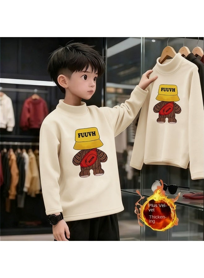 Boys And Girls' Thick Half High Neck Velvet Bottom Shirt, Autumn And Winter New Warm Baby Long Sleeve T-shirt
