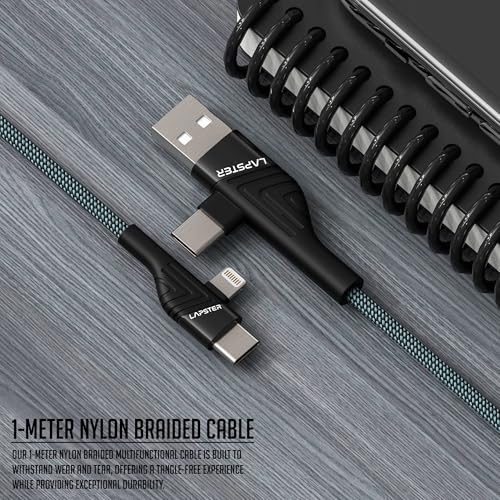 ls lapster Lapster Rapidzz 4 IN 1 Type C 1 mtr Multi Functional with Nylon Braided Fast for Android, iOS Devices (Compatible with Smartphones, Tablet, Laptop, Macbook, Black, One Cable) - Image 2