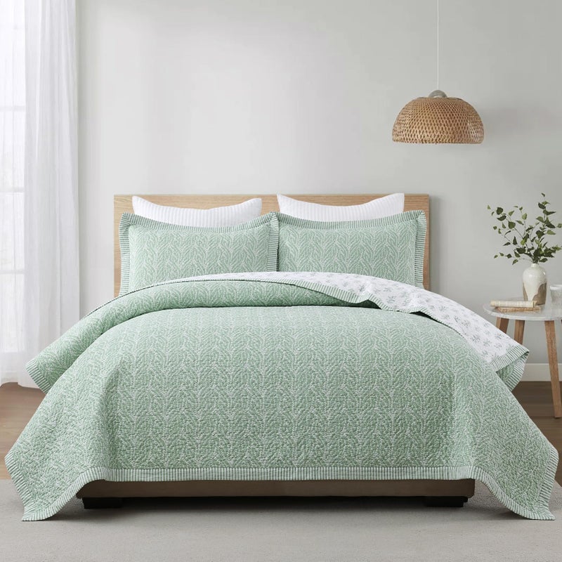 SahSahCasa Quilt Set Queen Size, 100% Cotton Quilt Bedding Set Bedspread, Botanical Pattern Solid Color Chic Lightweight Quilted Comforter for Queen Bed, White/Green, All Season, 3 Pieces - Image 3