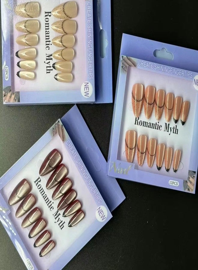 FICTIOUS Romantic Myth Nude Glam Press On Nails 12PCS Set Elegant Line Art Artificial Nails for Women & Girls, Premium False Fingernails for Daily Styling & Special Occasions(Multicolor & Multidesign) - Image 2