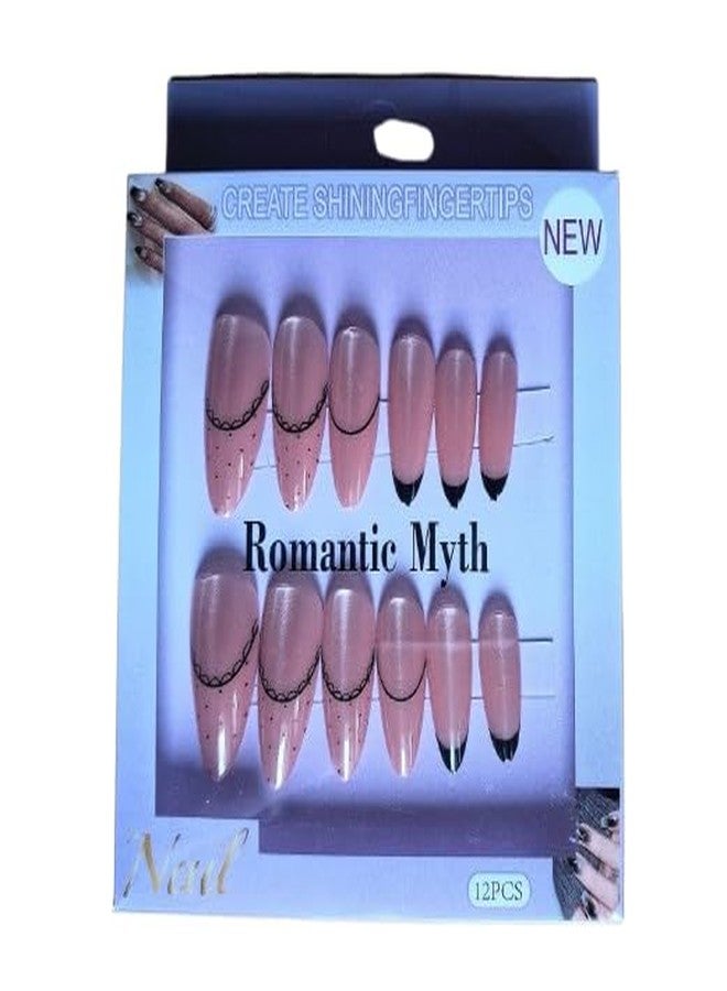 FICTIOUS Romantic Myth Nude Glam Press On Nails 12PCS Set Elegant Line Art Artificial Nails for Women & Girls, Premium False Fingernails for Daily Styling & Special Occasions(Multicolor & Multidesign) - Image 1