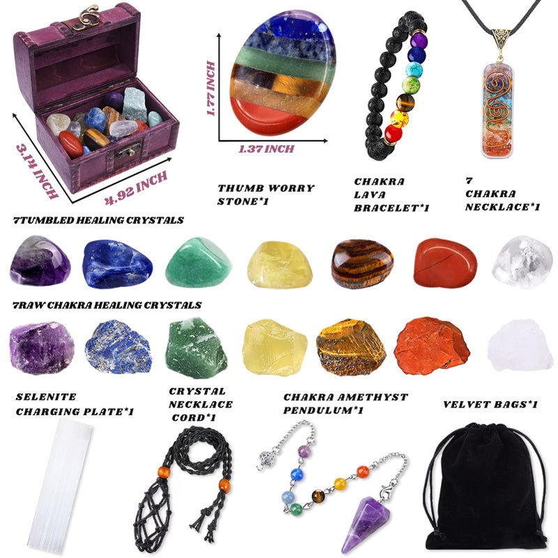 BORAMDO 22Pcs Healing Crystals Set, Chakra Quartz Kits in Wooden Box (7 Raw and 7 Tumbled Chakra Stones, Lava Bracelet, Chakra Necklace and Amethyst Pendulum, Thumb Worry Stone, Selenite Charging Plate, etc.) - Image 2