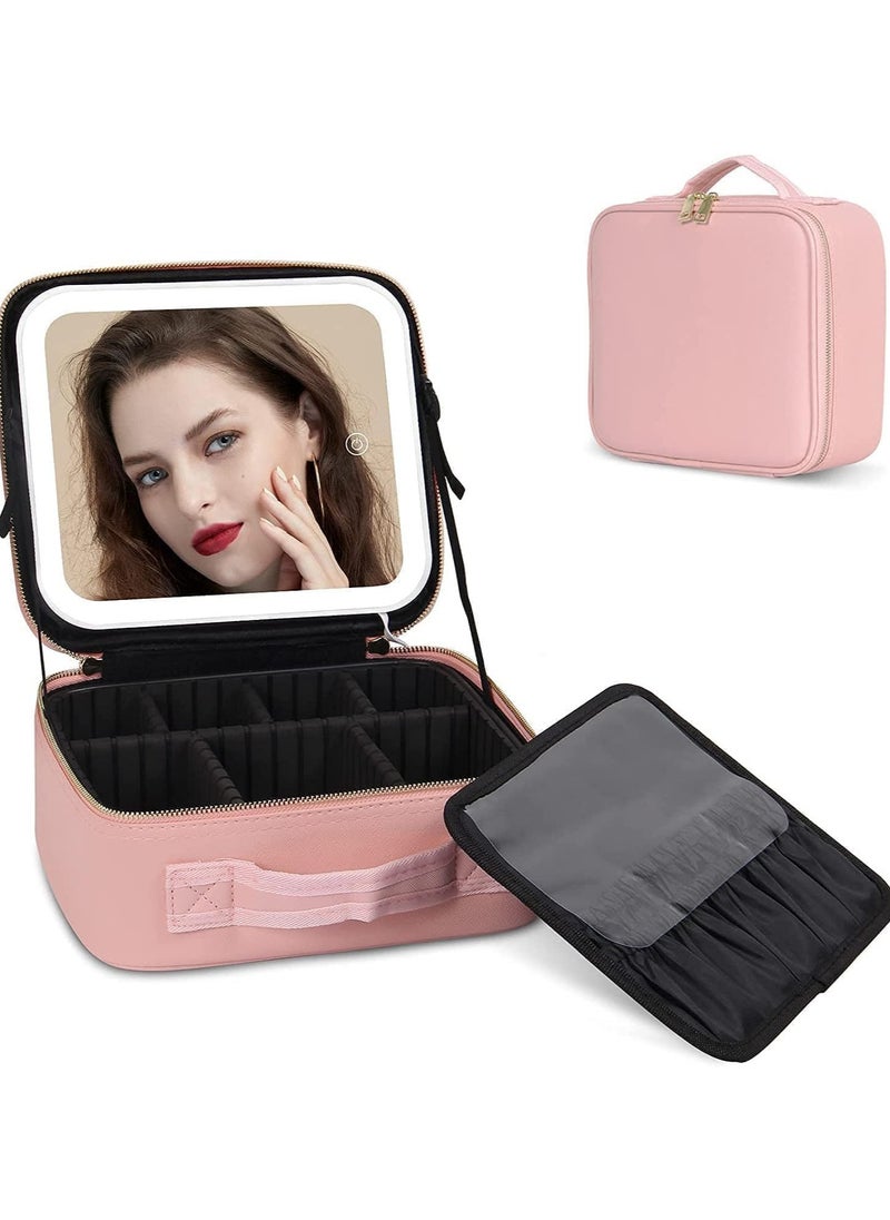 Yameem Yameem Makeup Bag Travel Organizer with Mirror LED light Premium leather quality Waterproof Cosmetic Makeup Case with 3 color LED Light Adjustable Storage Divider (PINK)  - Image 1