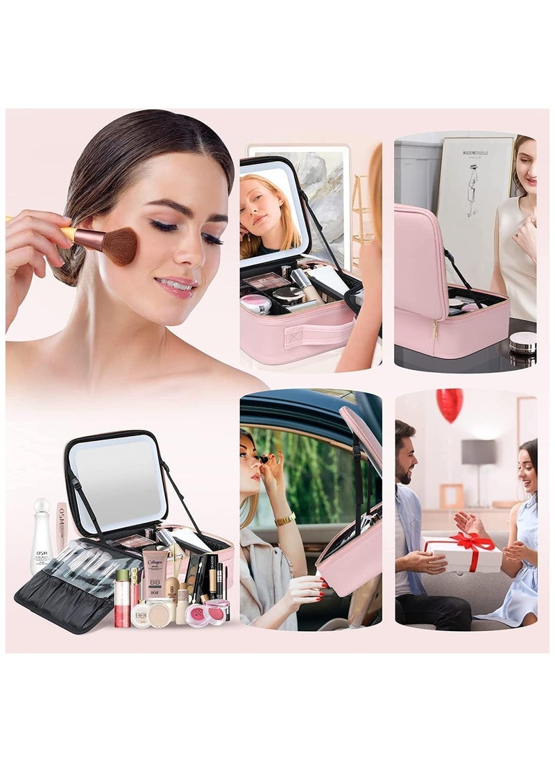 Yameem Yameem Makeup Bag Travel Organizer with Mirror LED light Premium leather quality Waterproof Cosmetic Makeup Case with 3 color LED Light Adjustable Storage Divider (PINK)  - Image 3