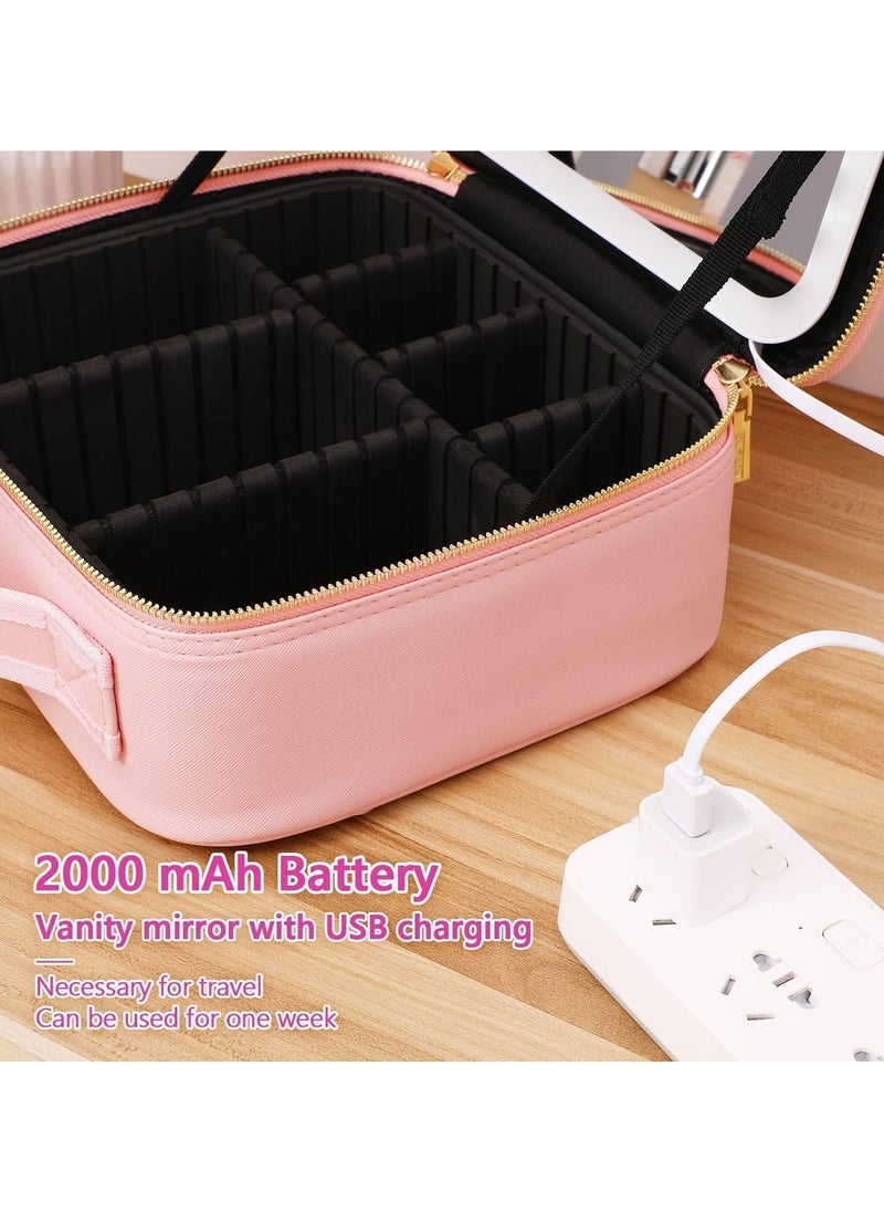 Yameem Yameem Makeup Bag Travel Organizer with Mirror LED light Premium leather quality Waterproof Cosmetic Makeup Case with 3 color LED Light Adjustable Storage Divider (PINK)  - Image 5